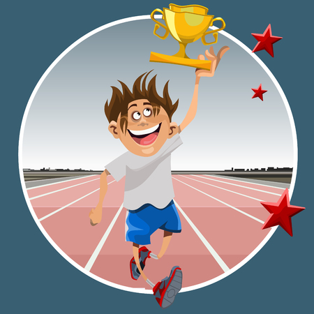cartoon male athlete running victoriously with gold prize winning goblet in handのイラスト素材