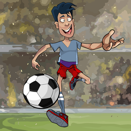 cartoon joyful male soccer player running with a ball across the fieldのイラスト素材