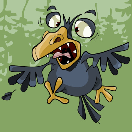 cartoon funny crow rages open toothy beak in the forestのイラスト素材