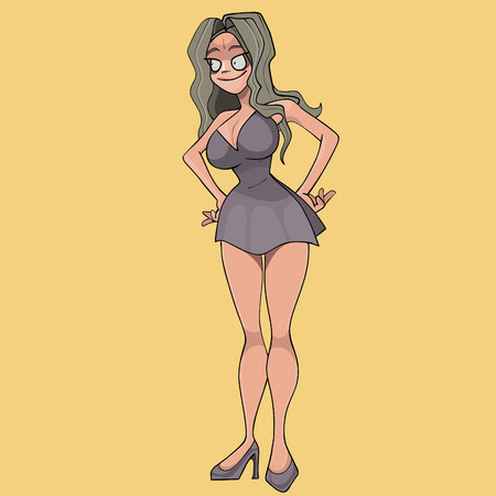 cartoon woman in short dress is standing with arms akimboのイラスト素材