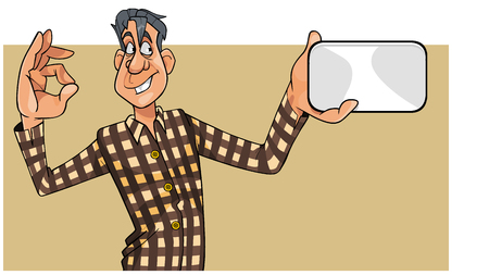 cartoon man in shirt shows blank card and the gesture of approvalのイラスト素材