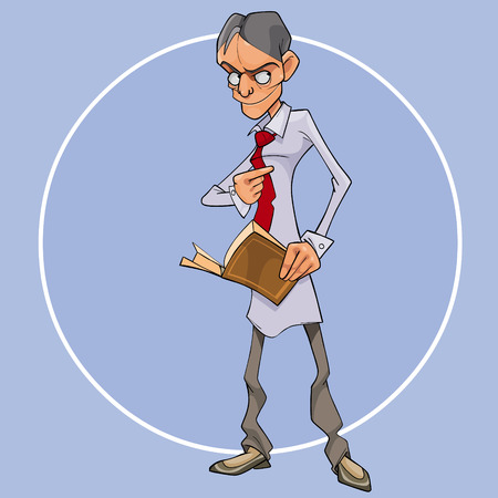 cartoon man with book in his hand looks suspiciously asideのイラスト素材