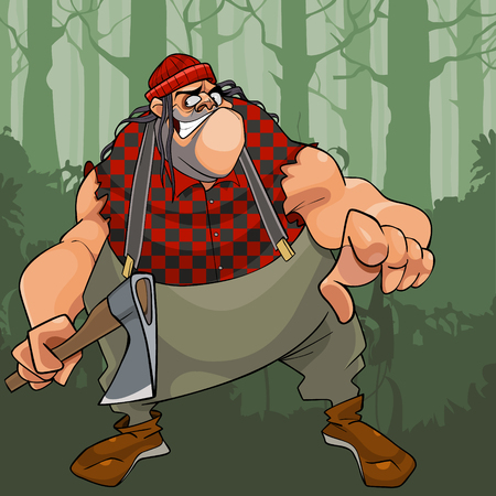 Cartoon terrible fat lumberjack with an ax in woodsのイラスト素材