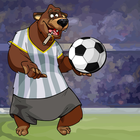 cartoon character bear in a striped tank top with a soccer ball on the fieldのイラスト素材