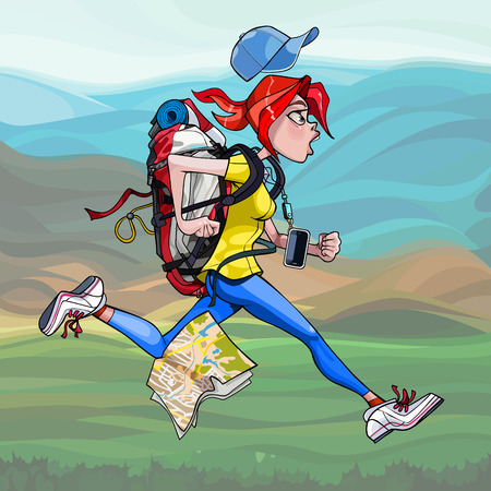 cartoon woman tourist with backpack funny runs fast in natureのイラスト素材