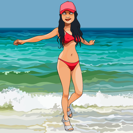 cartoon funny woman in a red swimsuit fooling around on the beachのイラスト素材