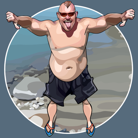 cartoon funny big man fooling around and showing a gesture of thumbs downのイラスト素材