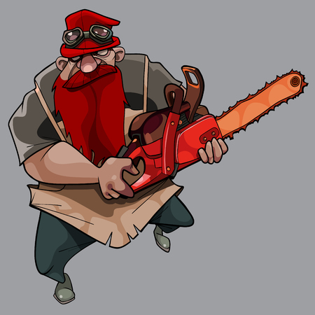 cartoon terrible bearded man with chainsaw in his hands on a gray backgroundのイラスト素材