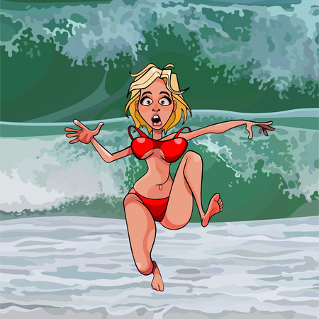 cartoon funny woman in a red bathing suit runs away from a big waveのイラスト素材