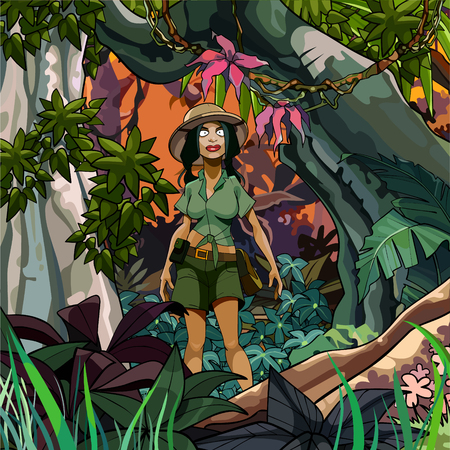 cartoon woman traveler in a colorful tropical forestのイラスト素材