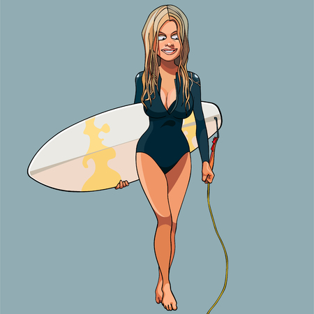 cartoon surfer sexy beautiful girl goes with a surfboardのイラスト素材