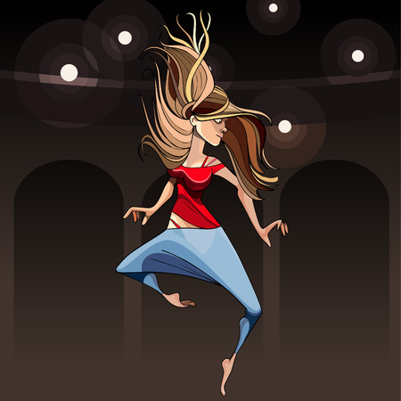 cartoon girl modern dancer jumping in pirouette against the background of the sceneのイラスト素材