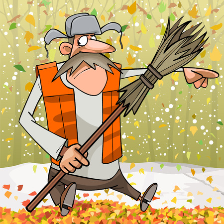cartoon janitor in orange vest with broom pointing finger to the sideのイラスト素材