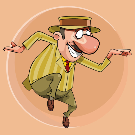cartoon cheerful man dancing in retro suit with hat on beige backgroundのイラスト素材