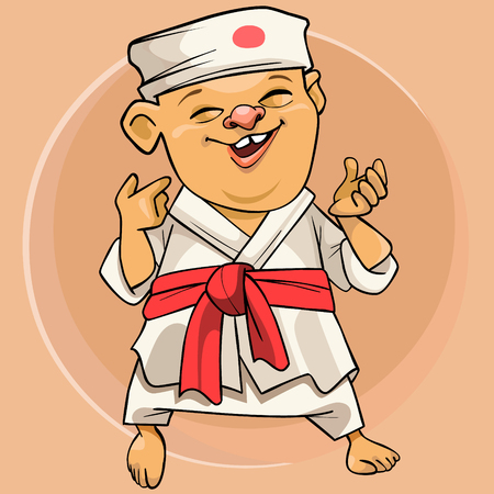cartoon funny karate man in Japanese white kimono with red belt on a beige background in a circleのイラスト素材