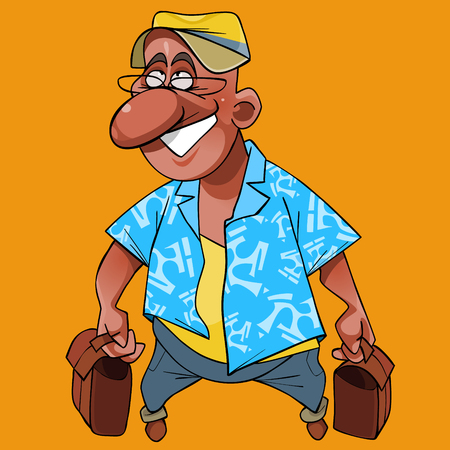 Cartoon cheerful man with bag in each handのイラスト素材