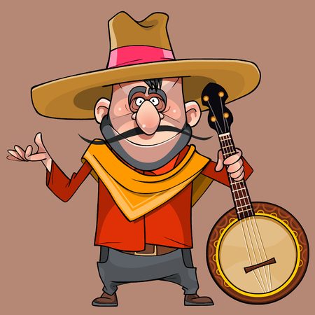 cartoon funny male musician in a sombrero with banjo in his handのイラスト素材