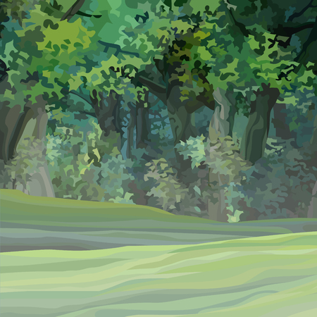 Cartoon green dense summer forest with empty gladeのイラスト素材