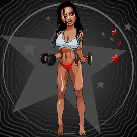 cartoon beautiful woman standing with dumbbells in her hands on dark background with starsのイラスト素材
