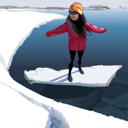 cartoon happy girl standing on the ice that floats on the riverのイラスト素材