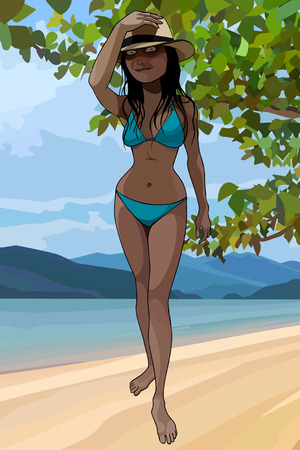 cartoon funny woman in blue swimsuit on the river bankのイラスト素材