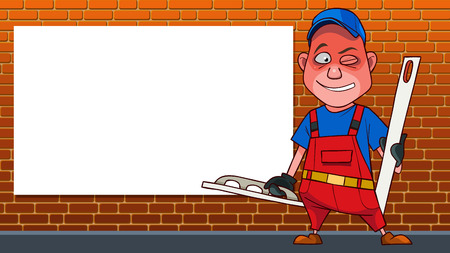 cartoon cheerful man with tools for plaster stands next to an empty bannerのイラスト素材