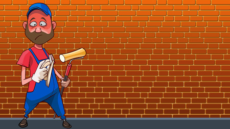 cartoon sad worker in overalls with painting tools on brick wall backgroundのイラスト素材