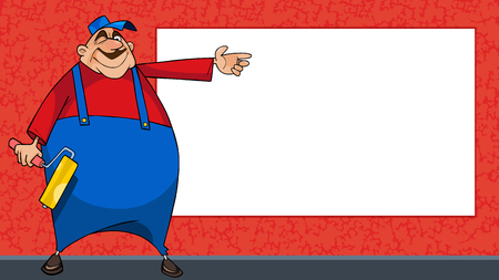 cartoon worker in overalls points hand at blank billboardのイラスト素材