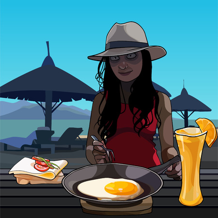 cartoon funny woman sitting at a table with a meal on the beachのイラスト素材