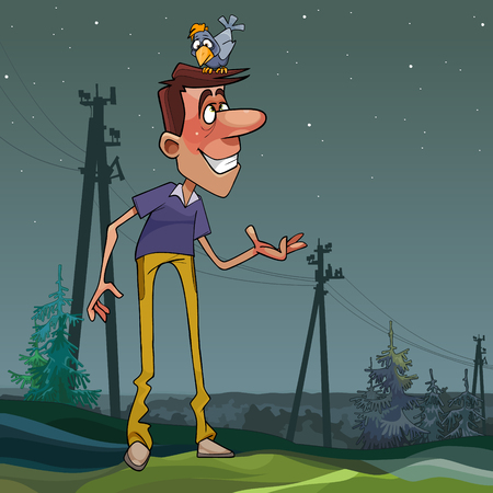 cartoon tall as a pillar boy rejoices in bird sitting on his headのイラスト素材