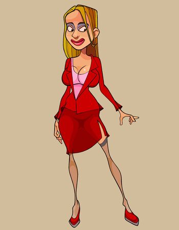 cartoon sexy woman blonde in a red suit with skirtのイラスト素材