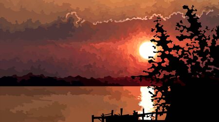 summer red sunset landscape by the river with pier silhouetteのイラスト素材