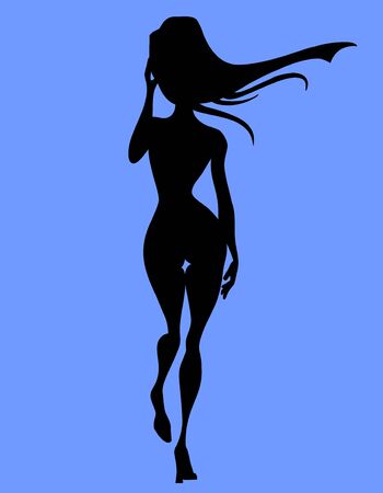 Silhouette of a walking sexy slim woman with flowing hair. Back viewのイラスト素材