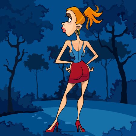 cartoon woman in short skirt in the night forestのイラスト素材