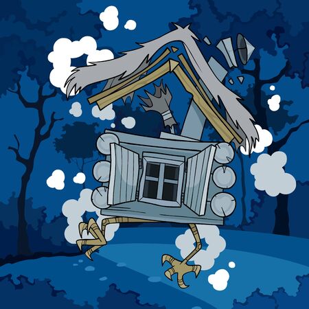cartoon fairytale house on chicken legs riding in the night forestのイラスト素材