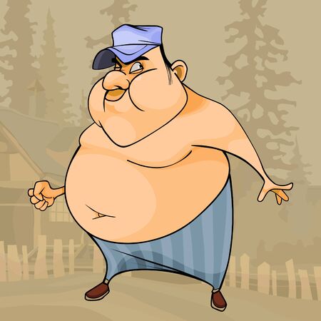 cartoon fat big bellied and cheeky man looks cunningly on the background of the villageのイラスト素材