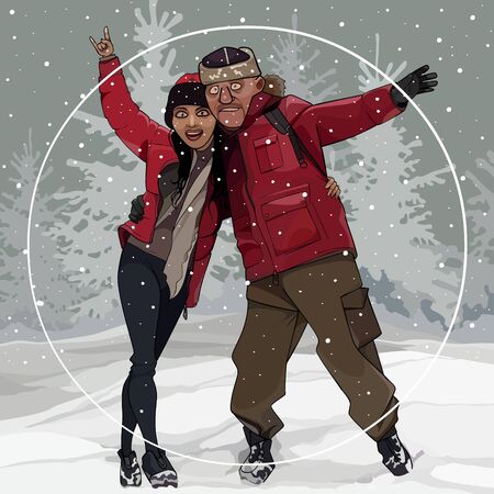 cartoon joyful couple posing in winter forestのイラスト素材