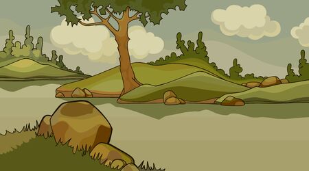 cartoon background of summer nature landscape by the river in the afternoonのイラスト素材