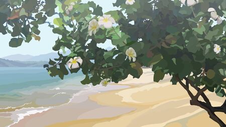 Tropical tree with flowers on the sandy coast of the sea. Vector imageのイラスト素材