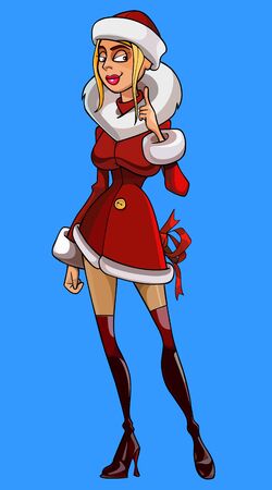cartoon pretty woman in red costume of snow maiden points fingers upのイラスト素材