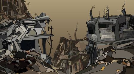 cartoon gloomy ruins of crooked ruined city housesのイラスト素材