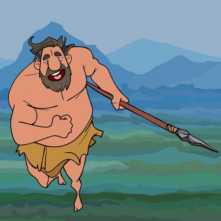 cartoon running ancient man neanderthal man with a spear in his handのイラスト素材