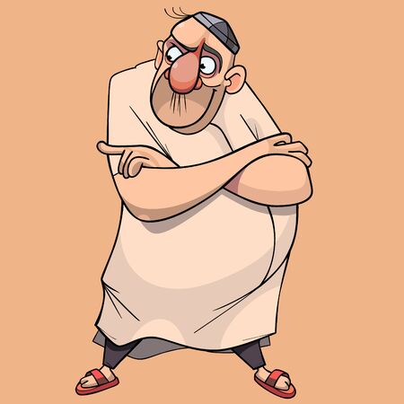 cartoon funny pot-bellied man in skullcap stands with his arms crossedのイラスト素材