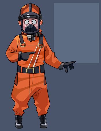 cartoon man in fireman overalls points to blank billboardのイラスト素材