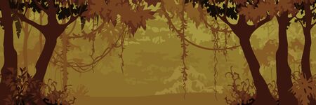 Panorama of cartoon deciduous forest with creepers. In brown tonesのイラスト素材