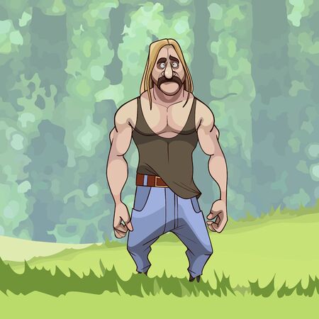 cartoon muscular mustachioed long haired sad man in green forestのイラスト素材