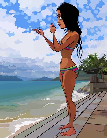 cartoon girl in swimsuit stands on the steps near the seaのイラスト素材