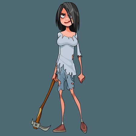 Cartoon woman in ragged clothes with pickaxe in handのイラスト素材