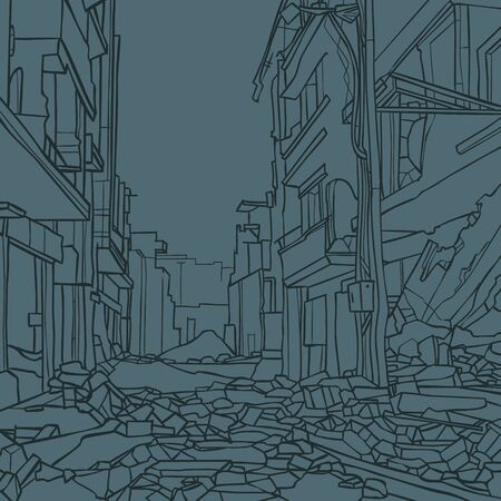 contour drawing of city street with dilapidated houses in ruinsのイラスト素材