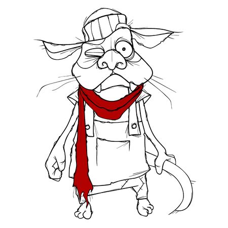 cartoon puzzled cat in clothes with red scarfのイラスト素材